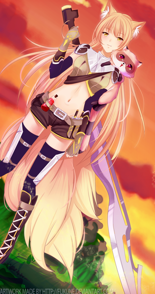 Anime picture 600x1134 with original fukune long hair tall image blush blonde hair smile red eyes animal ears yellow eyes sky cloud (clouds) tail animal tail midriff multiple tails girl thighhighs navel weapon