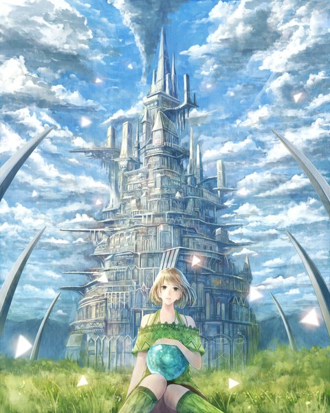 Anime picture 1512x1890 with original bounin single tall image short hair blonde hair brown eyes sky cloud (clouds) girl dress plant (plants) grass ball castle