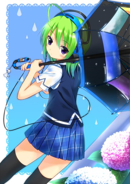 Anime picture 849x1200 with original koi (koisan) single tall image blush short hair purple eyes pleated skirt green hair zettai ryouiki girl thighhighs skirt uniform flower (flowers) black thighhighs school uniform headphones umbrella wire (wires)