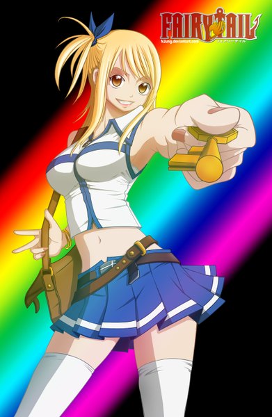 Anime picture 896x1374 with fairy tail lucy heartfilia natilokijung single tall image looking at viewer short hair blonde hair simple background smile brown eyes ponytail nail polish pleated skirt lips inscription bare belly midriff lipstick grin