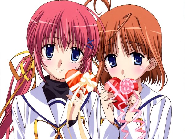 Anime picture 1200x900 with da capo da capo ii shirakawa nanaka tsukishima koko brown hair multiple girls pink hair valentine girl 2 girls x hair ornament