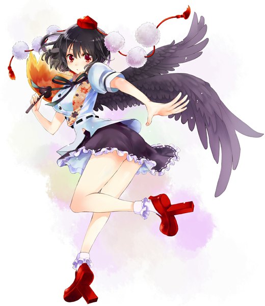 Anime picture 1000x1154 with touhou shameimaru aya mitsuk single tall image short hair black hair simple background red eyes looking back girl dress skirt hat miniskirt wings fan hauchiwa