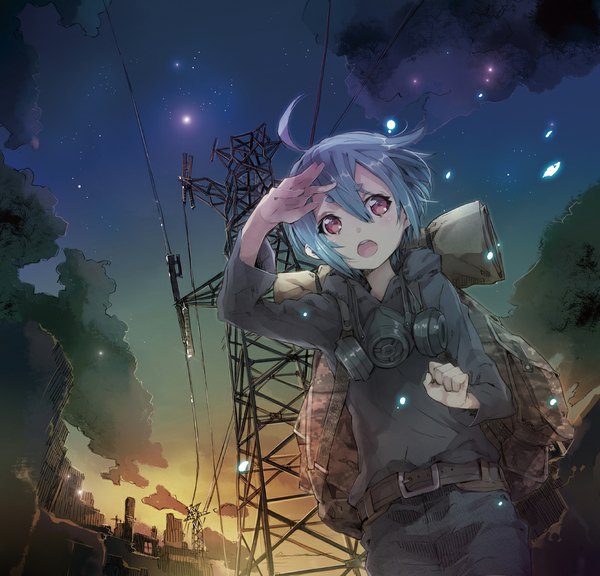 Anime picture 1143x1099 with original yuugen single short hair open mouth purple eyes blue hair sky cloud (clouds) ahoge night night sky girl belt star (stars) pants backpack power lines respirator
