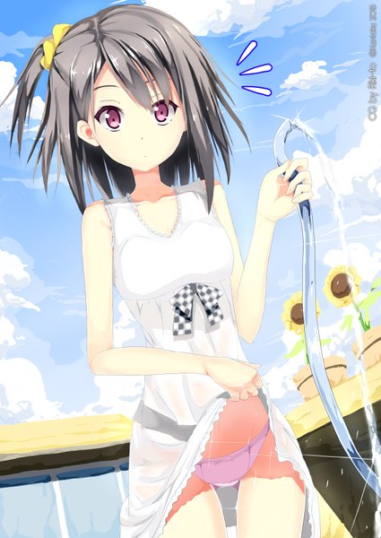 Anime picture 2480x3504 with original riki-to tall image highres short hair light erotic black hair purple eyes sky cloud (clouds) dress lift girl dress underwear panties sundress