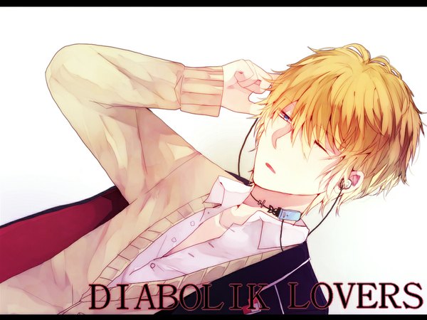 Anime picture 1024x768 with diabolik lovers idea factory sakamaki shuu single short hair blue eyes blonde hair simple background one eye closed wink inscription vampire boy uniform school uniform choker jacket headphones