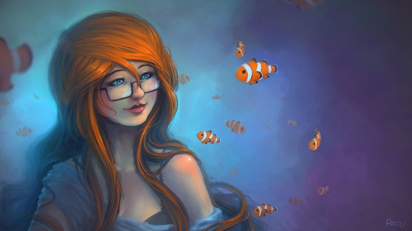 Anime picture 1549x870 with original hikaruga single long hair fringe blue eyes smile wide image lips orange hair shiny skin underwater girl water glasses fish (fishes)