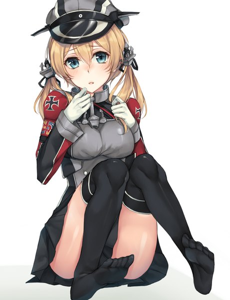 Anime picture 1000x1300 with kantai collection prinz eugen (kantai collection) rinarisa single long hair tall image looking at viewer blush fringe light erotic simple background blonde hair hair between eyes white background sitting twintails payot bent knee (knees) parted lips pleated skirt