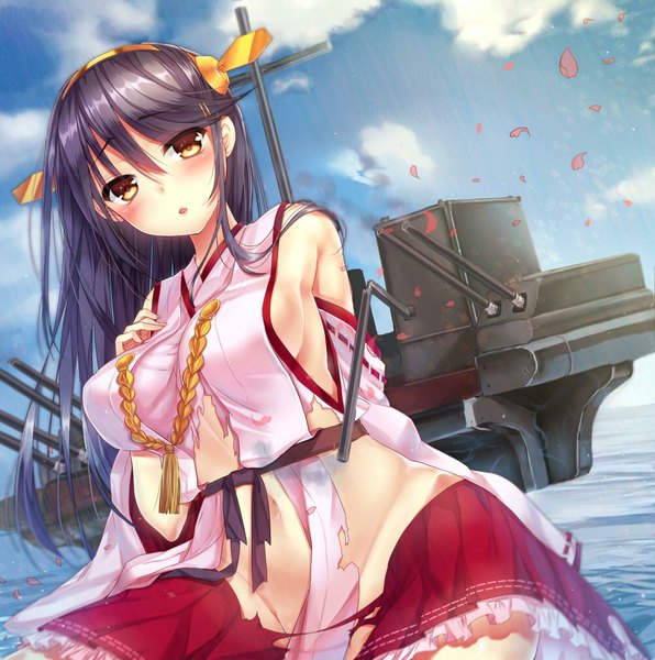 Anime picture 1000x1007 with kantai collection haruna battleship wa sakaidera umeko single long hair tall image looking at viewer blush breasts open mouth light erotic black hair large breasts bare shoulders yellow eyes sky cloud (clouds) torn clothes girl hair ornament
