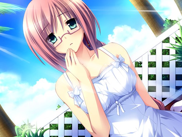 Anime picture 1024x768 with damatte watashi no muko ni nare! long hair green eyes pink hair game cg girl glasses sundress