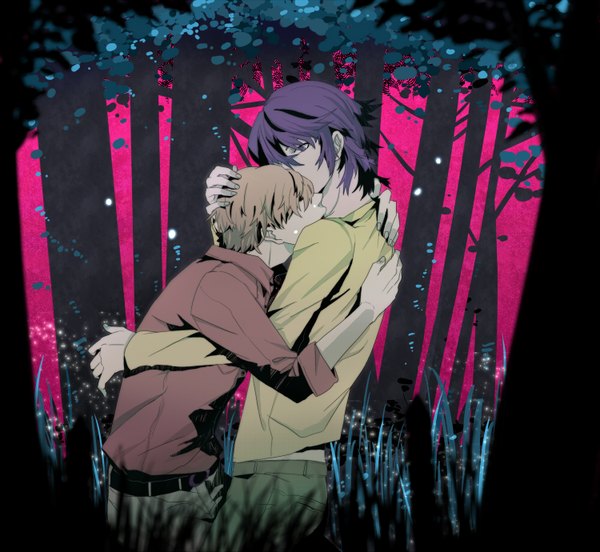 Anime picture 1500x1380 with shiki yuuki natsuno mutou tohru short hair blonde hair purple eyes purple hair multiple boys hug shounen ai hair over eyes boy plant (plants) tree (trees) leaf (leaves) 2 boys grass