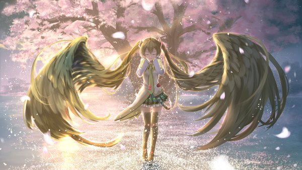 Anime picture 1920x1080 with vocaloid hatsune miku kouji (astral reverie) single highres wide image twintails eyes closed very long hair aqua hair cherry blossoms girl plant (plants) petals tree (trees) necktie boots thigh boots