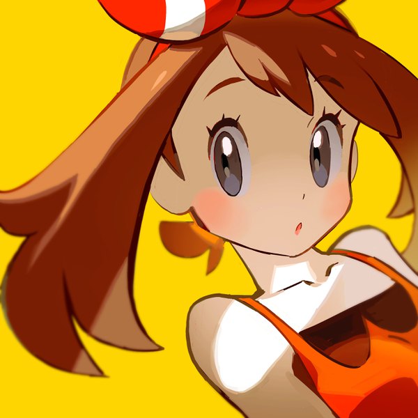 Anime picture 2500x2500 with pokemon pokemon (game) pokemon oras nintendo may (pokemon) tokiya single long hair blush highres simple background brown hair bare shoulders looking away :o grey eyes portrait yellow background girl hairband