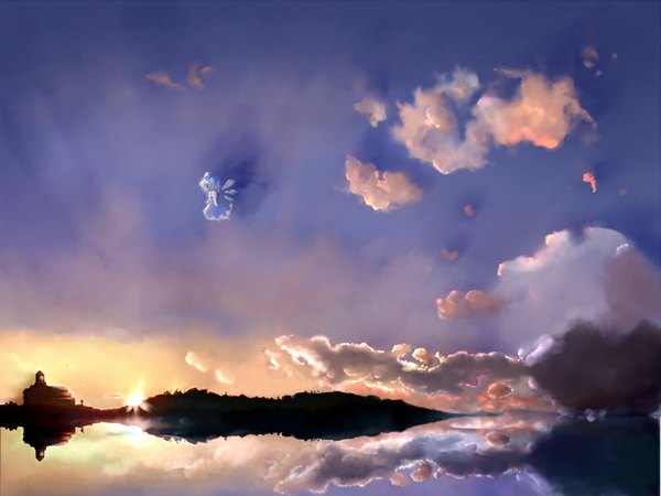 Anime picture 1000x750 with touhou cirno amabato short hair blue eyes blue hair sky cloud (clouds) evening reflection sunset flying girl dress wings water