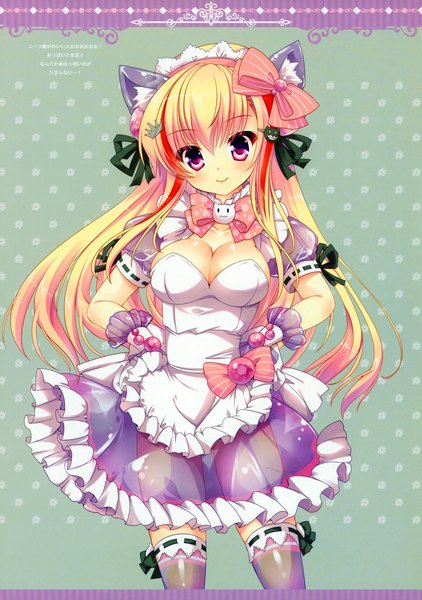 Anime picture 1232x1750 with original hinata momo long hair tall image looking at viewer blush blonde hair smile purple eyes animal ears cat ears scan cat girl girl thighhighs dress gloves bow ribbon (ribbons) hair bow