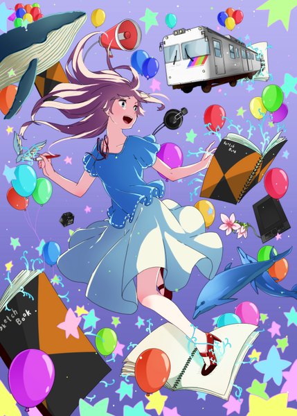 Anime picture 1429x2000 with original keidai single long hair tall image open mouth blue eyes brown hair looking away girl dress flower (flowers) animal shoes headphones star (symbol) balloon train megaphone whale