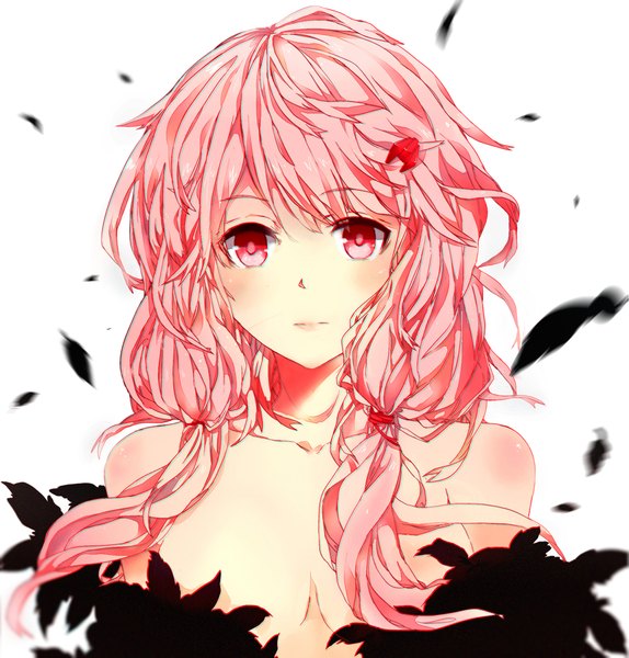 Anime picture 1982x2073 with guilty crown production i.g yuzuriha inori nuo bang single long hair tall image looking at viewer blush fringe highres breasts light erotic simple background white background bare shoulders pink hair braid (braids) pink eyes twin braids