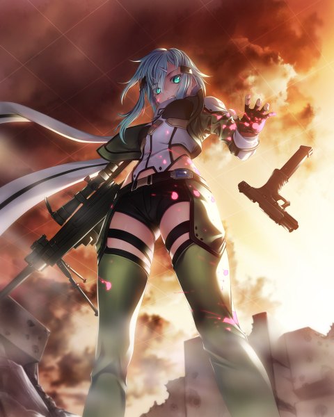 Anime picture 960x1200 with sword art online a-1 pictures asada shino rezi single long hair tall image looking at viewer aqua eyes aqua hair from below looking down explosion girl gloves weapon petals black gloves shorts scarf