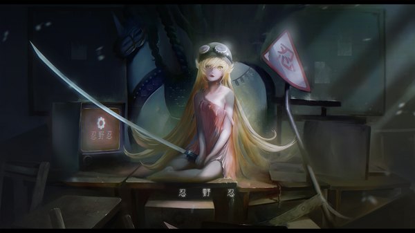 Anime picture 1920x1080 with bakemonogatari shaft (studio) monogatari (series) oshino shinobu qian ye jing single long hair looking at viewer blush highres open mouth blonde hair wide image sitting bare shoulders yellow eyes barefoot sunlight teeth bare legs