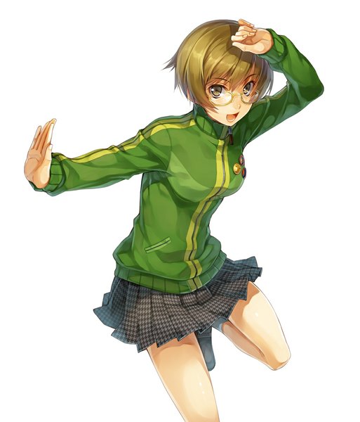 Anime picture 1000x1169 with persona 4 persona satonaka chie hagure keg single tall image short hair open mouth simple background smile brown hair white background brown eyes outstretched arm girl skirt miniskirt glasses sweater track suit