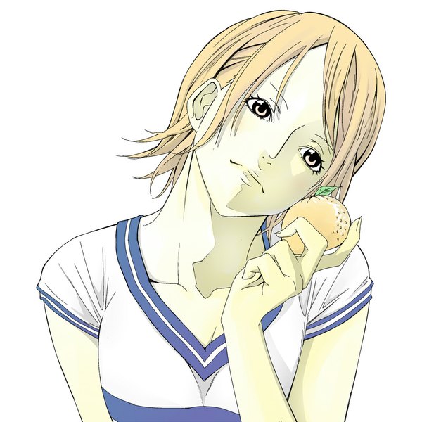 Anime picture 1000x1000 with one piece toei animation nami (one piece) sungi single short hair simple background white background yellow eyes looking away head tilt orange hair portrait girl t-shirt fruit tangerine