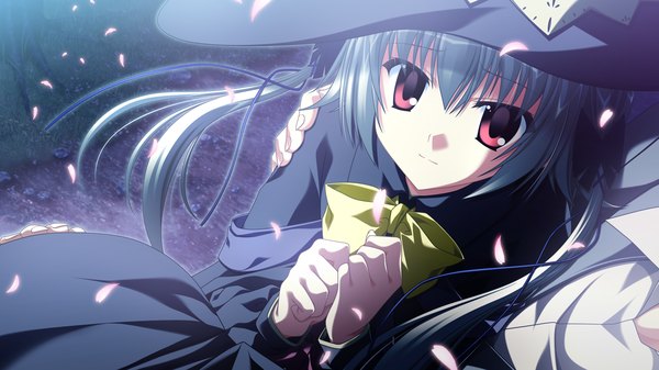 Anime picture 1280x720 with supipara kamishiro alice nanao naru long hair red eyes wide image game cg silver hair witch girl petals witch hat