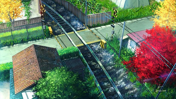 Anime picture 1280x719 with original niko p wide image outdoors sunlight shadow no people autumn plant (plants) tree (trees) building (buildings) grass fence house roof railroad tracks