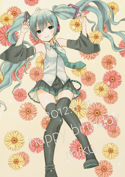 Anime picture 707x1000 with vocaloid hatsune miku mizutamako single long hair tall image looking at viewer blush twintails lying pleated skirt aqua eyes light smile aqua hair happy birthday girl skirt flower (flowers) detached sleeves necktie