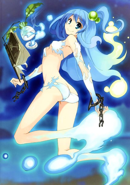 Anime picture 4094x5811 with genkai tokki monster monpiece ushiki yoshitaka single long hair tall image looking at viewer fringe highres breasts blue eyes light erotic simple background smile blue hair absurdres ponytail censored no bra bare legs torn clothes