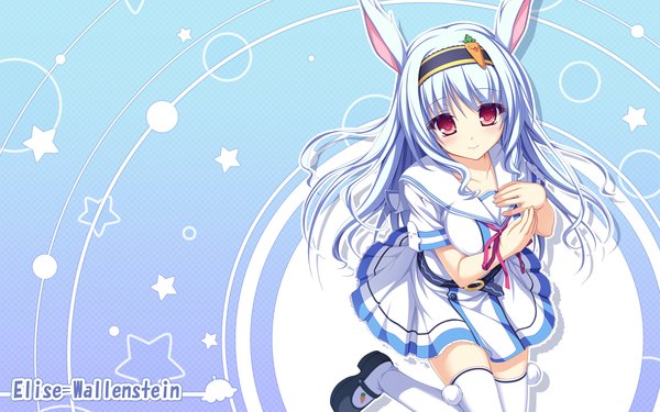 Anime picture 1920x1200 with g.i.b. girls in black elise wallenstein tenmaso single long hair looking at viewer blush highres red eyes animal ears blue hair bunny ears wallpaper bunny girl girl thighhighs uniform school uniform white thighhighs hairband