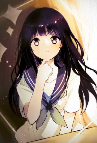 Anime picture 600x888 with hyouka kyoto animation chitanda eru lpip long hair tall image looking at viewer blush fringe black hair smile purple eyes from above girl uniform serafuku