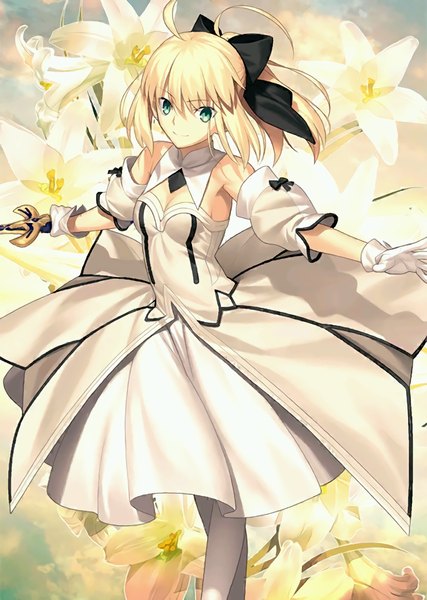 Anime picture 819x1152 with fate (series) fate/stay night fate/unlimited codes type-moon artoria pendragon (all) saber saber lily takeuchi takashi single long hair tall image looking at viewer fringe blonde hair smile standing bare shoulders green eyes sky cloud (clouds)