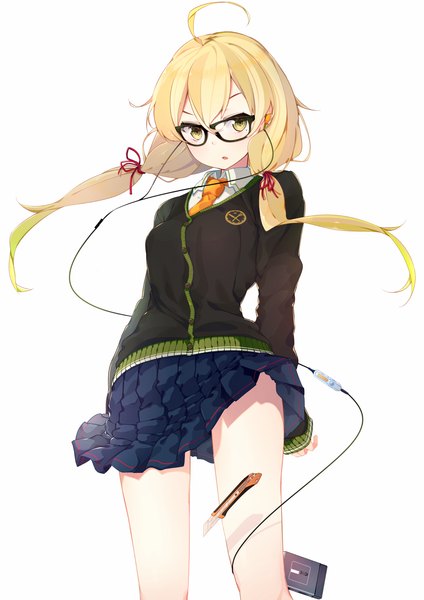 Anime picture 1059x1500 with original benio (dontsugel) single long hair tall image looking at viewer open mouth simple background blonde hair standing white background yellow eyes ahoge girl skirt glasses headphones sweater boxcutter