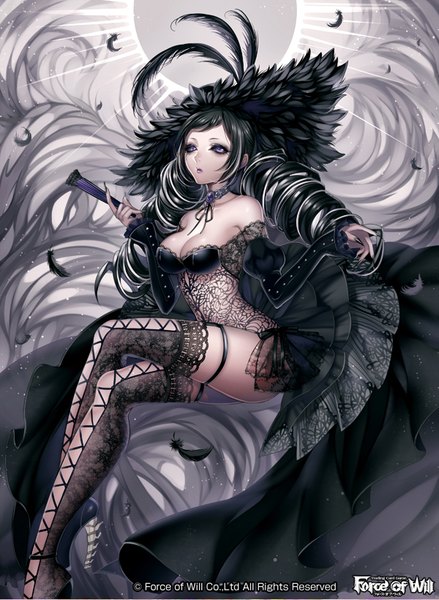 Anime picture 600x820 with matsurika youko single long hair tall image fringe breasts light erotic black hair sitting purple eyes bare shoulders looking away cleavage bent knee (knees) white hair long sleeves nail polish multicolored hair arm up fingernails