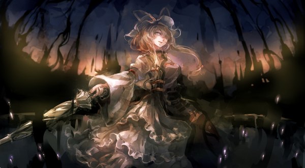 Anime picture 2000x1100 with touhou yakumo yukari 60mai single long hair fringe highres open mouth blonde hair wide image holding yellow eyes looking away outstretched arm closed umbrella girl dress bow ribbon (ribbons) hair bow