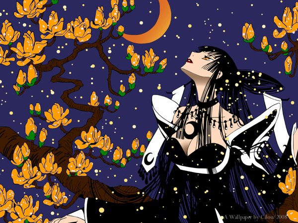 Anime picture 1600x1200 with xxxholic clamp ichihara yuuko long hair black hair yellow eyes snowing crescent girl dress flower (flowers) plant (plants) tree (trees) moon magnolia
