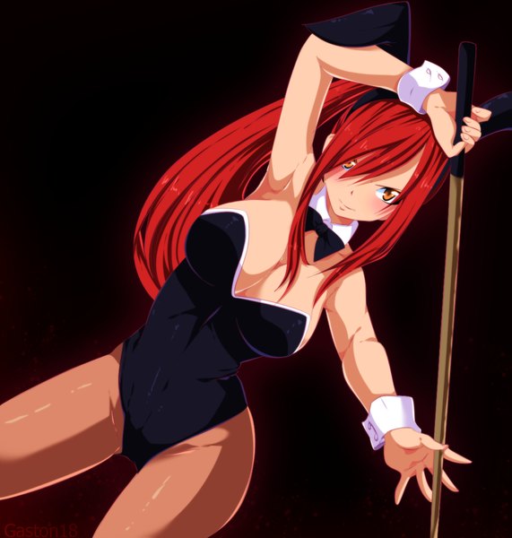 Anime picture 1142x1200 with fairy tail erza scarlet tongasart single long hair tall image blush breasts light erotic smile large breasts animal ears red hair armpit (armpits) orange eyes bunny ears coloring girl bowtie wrist cuffs