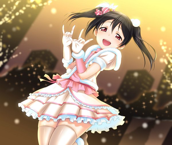 Anime picture 1142x962 with love live! school idol project sunrise (studio) love live! yazawa nico satou kuuki single long hair looking at viewer open mouth black hair red eyes twintails mmm girl thighhighs dress hair ornament hair tie hair bobbles
