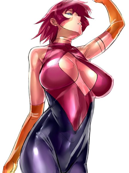 Anime picture 800x1066 with cutie honey single tall image short hair breasts light erotic simple background large breasts white background purple eyes looking away pink hair cleavage profile from below girl gloves elbow gloves