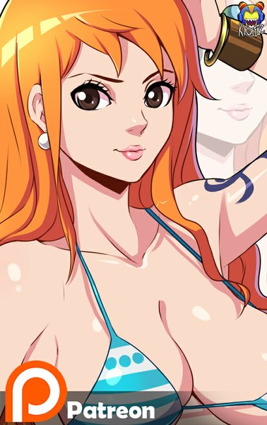 Anime picture 567x900 with one piece toei animation nami (one piece) kyoffie12 single long hair tall image looking at viewer fringe breasts light erotic large breasts brown eyes upper body lips orange hair tattoo eyebrows girl bracelet