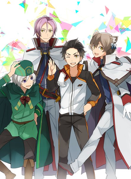 Anime picture 737x1000 with re:zero kara hajimeru isekai seikatsu white fox natsuki subaru felix argyle otto suewen julius euclius takerusilt tall image looking at viewer fringe short hair open mouth black hair smile hair between eyes brown hair standing purple eyes animal ears yellow eyes