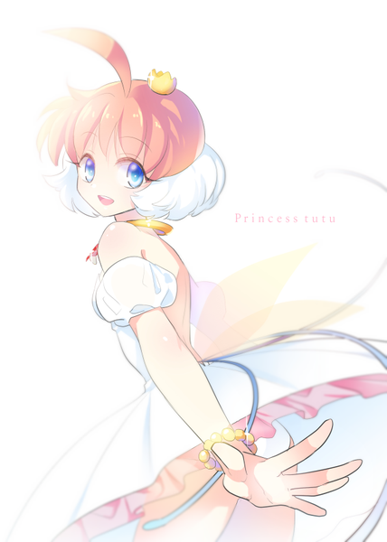 Anime picture 606x850 with princess tutu ahiru arima princess tutu (character) eloosia single tall image fringe short hair open mouth blue eyes simple background white background looking away pink hair ahoge looking back copyright name spread arms ballerina ballet
