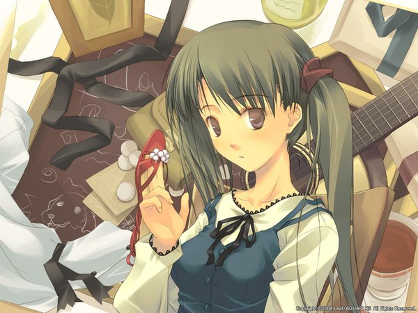 Anime picture 1024x768 with tenshi no inai 12-gatsu leaf (studio) sumadera yukio mitsumi misato single long hair looking at viewer black hair twintails holding brown eyes upper body official art shoes removed girl musical instrument guitar acoustic guitar