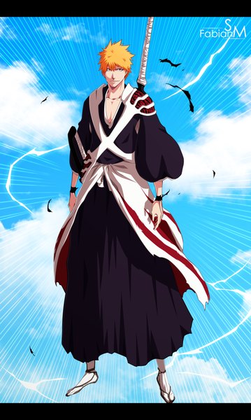 Anime picture 1952x3260 with bleach studio pierrot kurosaki ichigo fabiansm single tall image highres short hair smile sky cloud (clouds) traditional clothes japanese clothes orange hair orange eyes coloring letterboxed boy weapon kimono