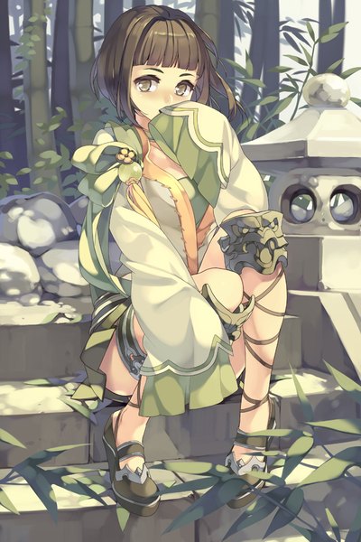 Anime picture 667x1000 with blade & soul tagme (character) btoor single tall image looking at viewer blush short hair brown hair sitting brown eyes girl dress plant (plants) tree (trees)