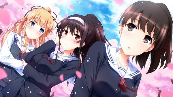 Anime picture 1920x1080 with saenai heroine no sodatekata a-1 pictures kasumigaoka utaha katou megumi sawamura spencer eriri sakura (k tonpu) looking at viewer blush highres breasts blue eyes blonde hair red eyes brown hair wide image twintails multiple girls brown eyes looking away outdoors