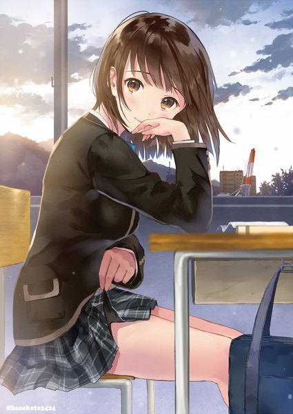 Anime picture 800x1129 with original hanekoto single tall image looking at viewer blush short hair smile brown hair sitting brown eyes signed sky cloud (clouds) indoors pleated skirt sunlight arm support depth of field twitter username