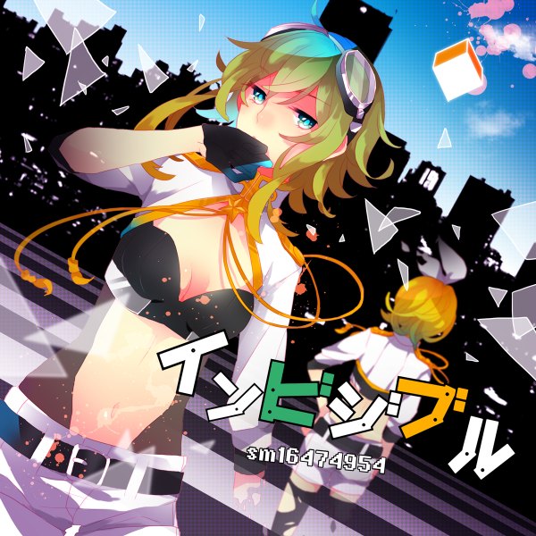 Anime picture 1200x1200 with vocaloid kagamine rin gumi saine short hair breasts blue eyes blonde hair standing multiple girls cleavage green hair from behind midriff dutch angle back checkered floor floor goggles on head street