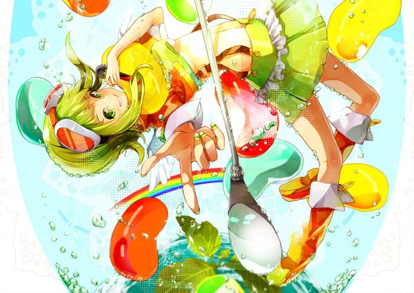 Anime picture 1754x1240 with vocaloid gumi 44sann (artist) single highres short hair smile green eyes nail polish green hair nail art multicolored nail polish girl skirt navel glasses bubble (bubbles) microphone vegetables