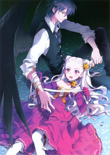 Anime picture 2300x3229 with nardack tall image highres open mouth black hair sitting white hair pink eyes tears black wings vampire victorian girl thighhighs dress boy flower (flowers) detached sleeves white thighhighs wings