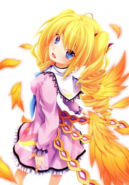 Anime picture 2451x3500 with highschool dxd ravel phenex miyama zero single tall image blush highres short hair open mouth blue eyes simple background blonde hair white background absurdres scan official art drill hair girl dress wings